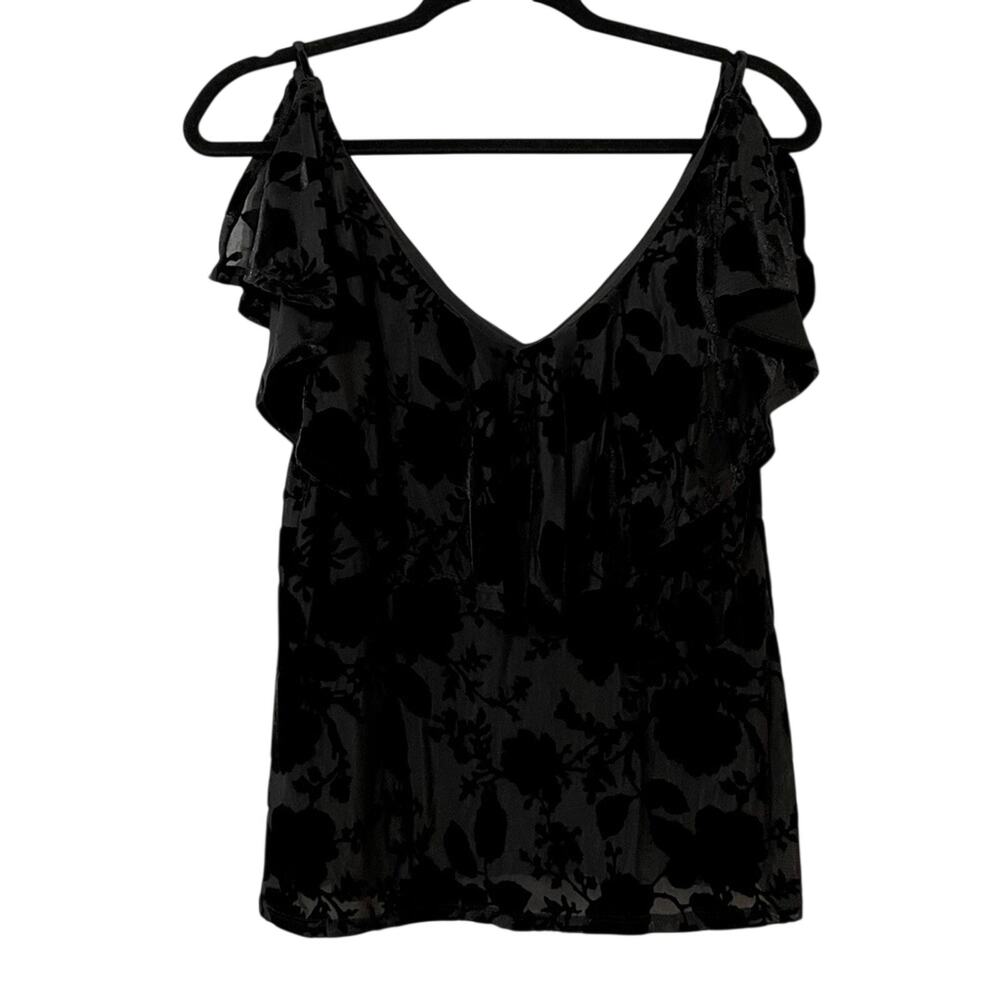 1 State Black Floral Ruffled Neckline Velvet Top Womens XS Romantic Whimigoth